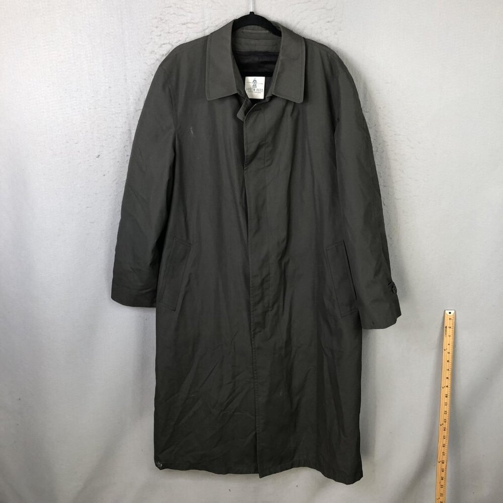 Austin Reed Rain Coat Mens 42 Green Wool Lined Single Breasted Trench Long